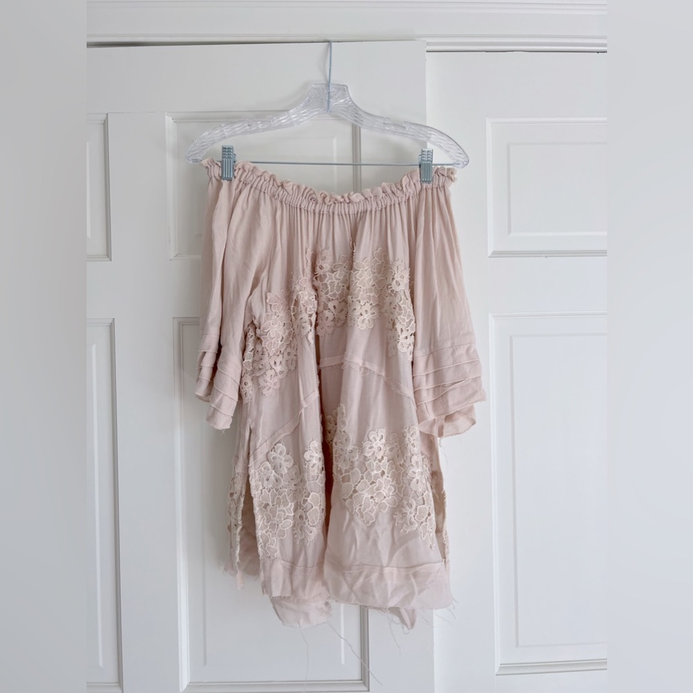 Floral Appliqué Off-The-Shoulder Boho Blouse